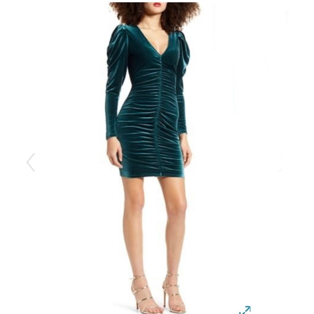 Leith Velour Ruched Long Sleeve Mini Dress